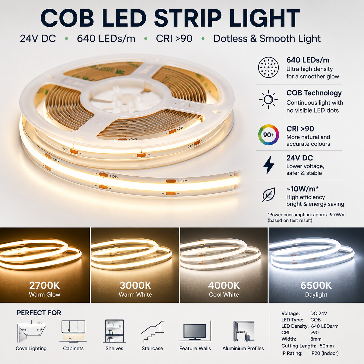 24V COB LED Strip Light | Dotless 640 Chips/m | CRI 90+ (5Meter/Reels)